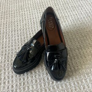 Franco Sarto glossy black faux leather platform loafers 7